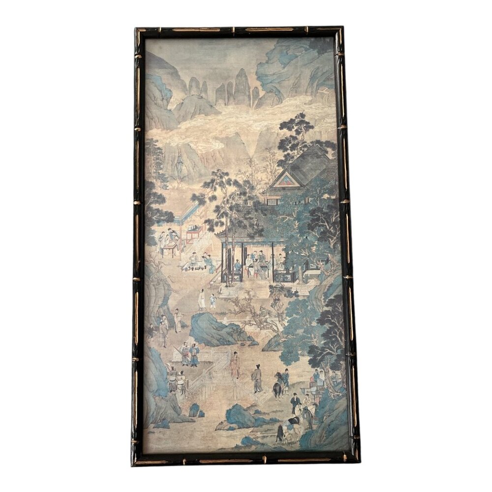 Vintage Framed Chinese Scroll Print After Qiu Ying Eighteen Scholars Climbing Yi